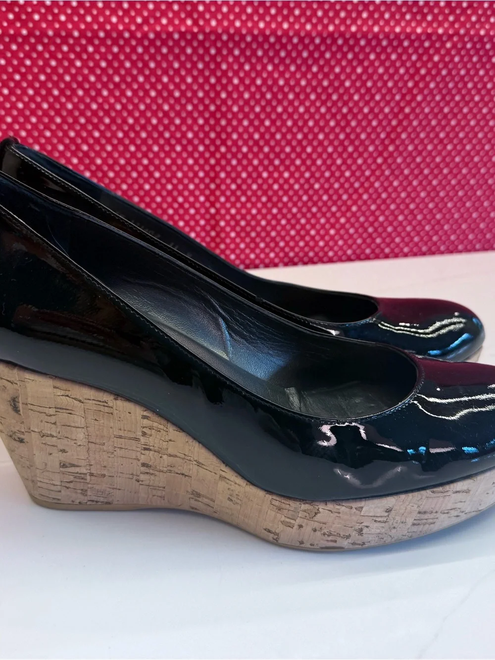 Stuart Weitzman Black Patent Cork Wedge Pumps, 11
